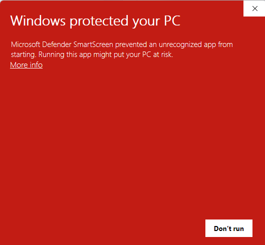 หน้าจอ Windows protected your PC ที่มีลิงก์ More info